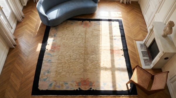 Cream color classic antique chinese art deco design area rug 2 Cream color classic antique chinese art deco design area rug (sku 22663) - styled overhead view