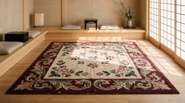 Antique cream color field european floral pattern american hooked rug 7 Antique cream color field european floral pattern american hooked rug (sku 17585) - room view