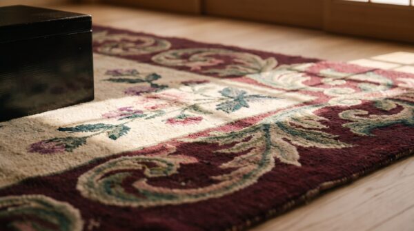 Antique cream color field european floral pattern american hooked rug 8 Antique cream color field european floral pattern american hooked rug (sku 17585) - in-room detail