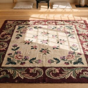 Antique Cream Color Field European Floral Pattern American Hooked Rug (SKU 17585) - styled overhead view