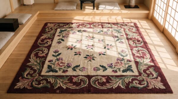 Antique cream color field european floral pattern american hooked rug 2 Antique cream color field european floral pattern american hooked rug (sku 17585) - styled overhead view
