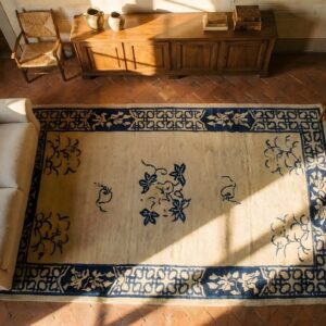 Cream Color Antique Floral Chinese Small Scatter Size Peking Area Rug (SKU 23570) - styled overhead view