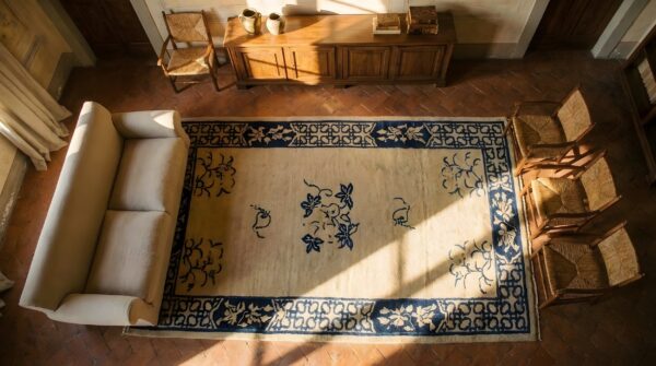 Cream color antique floral chinese small scatter size peking area rug 2 Cream color antique floral chinese small scatter size peking area rug (sku 23570) - styled overhead view