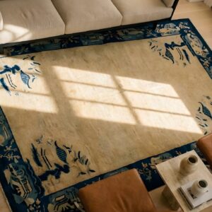 Cream Color Minimalist Open Field Antique Chinese Peking Small Scatter Size Rug (SKU 24769) - styled overhead view