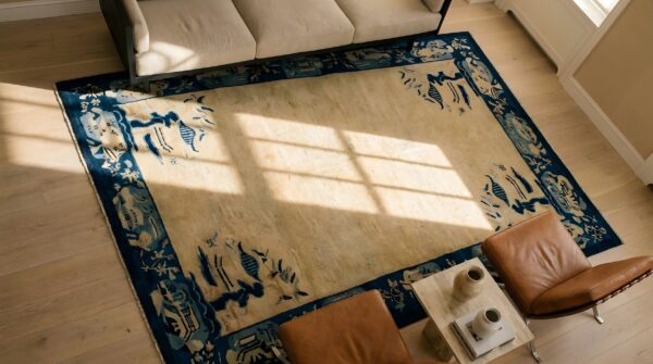 Cream color minimalist open field antique chinese peking small scatter size rug 2 Cream color minimalist open field antique chinese peking small scatter size rug (sku 24769) - styled overhead view