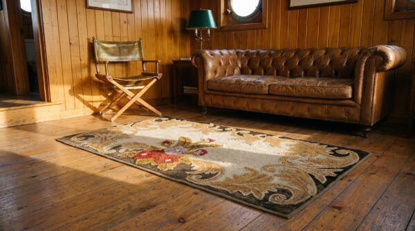 Cream color open field antique american folk art small scatter size hooked rug 10 Cream color open field antique american folk art small scatter size hooked rug (sku 20781) - room view