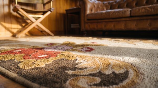 Cream color open field antique american folk art small scatter size hooked rug 11 Cream color open field antique american folk art small scatter size hooked rug (sku 20781) - in-room detail