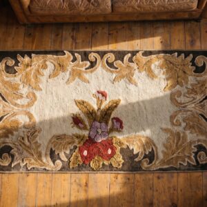 Cream Color Open Field Antique American Folk Art Small Scatter Size Hooked Rug (SKU 20781) - styled overhead view