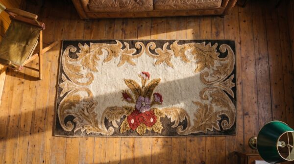 Cream color open field antique american folk art small scatter size hooked rug 2 Cream color open field antique american folk art small scatter size hooked rug (sku 20781) - styled overhead view