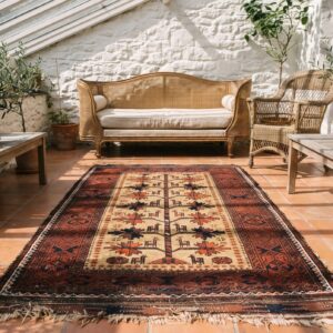 Cream Color Antique Tribal Geometric Tree Of Life Pattern Persian Baluch Rug (SKU 22726) - room view