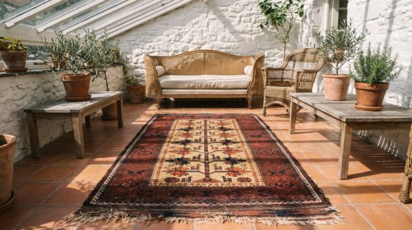 Cream color antique tribal geometric tree of life pattern persian baluch rug 7 Cream color antique tribal geometric tree of life pattern persian baluch rug (sku 22726) - room view