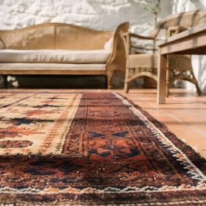 Cream Color Antique Tribal Geometric Tree Of Life Pattern Persian Baluch Rug (SKU 22726) - in-room detail