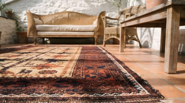 Cream color antique tribal geometric tree of life pattern persian baluch rug 8 Cream color antique tribal geometric tree of life pattern persian baluch rug (sku 22726) - in-room detail