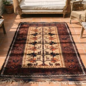 Cream Color Antique Tribal Geometric Tree Of Life Pattern Persian Baluch Rug (SKU 22726) - styled overhead view
