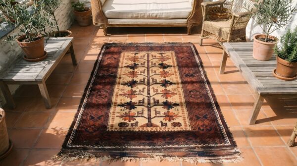 Cream color antique tribal geometric tree of life pattern persian baluch rug 2 Cream color antique tribal geometric tree of life pattern persian baluch rug (sku 22726) - styled overhead view