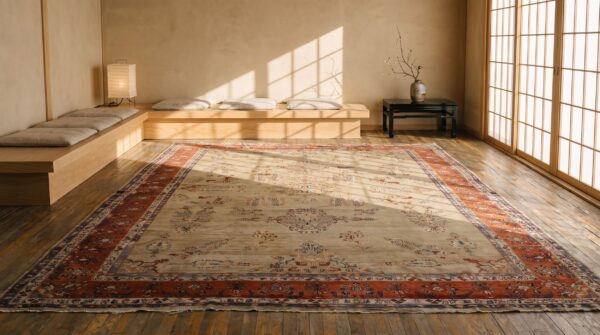 Cream field intricate floral pattern antique luxurious wool persian sarouk farahan rug (sku 22068) - room view