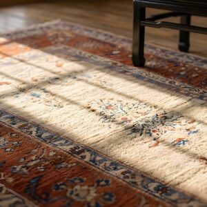 Cream Field Intricate Floral Pattern Antique Luxurious Wool Persian Sarouk Farahan Rug (SKU 22068) - in-room detail
