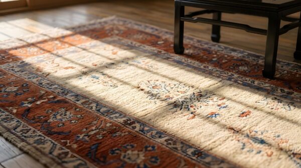 Cream field intricate floral pattern antique luxurious wool persian sarouk farahan rug (sku 22068) - in-room detail