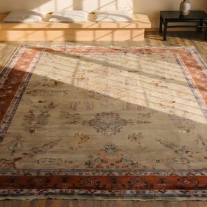 Cream Field Intricate Floral Pattern Antique Luxurious Wool Persian Sarouk Farahan Rug (SKU 22068) - styled overhead view