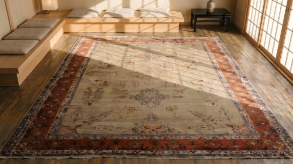 Cream field intricate floral pattern antique luxurious wool persian sarouk farahan rug (sku 22068) - styled overhead view