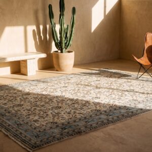 Cream and Light Sky Blue Antique Persian Khorassan Room Size Area Rug (SKU 21365) - room view