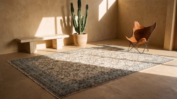 Cream and light sky blue antique persian khorassan room size area rug 6 Cream and light sky blue antique persian khorassan room size area rug (sku 21365) - room view
