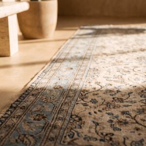 Cream and Light Sky Blue Antique Persian Khorassan Room Size Area Rug (SKU 21365) - in-room detail