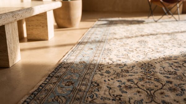 Cream and light sky blue antique persian khorassan room size area rug 7 Cream and light sky blue antique persian khorassan room size area rug (sku 21365) - in-room detail