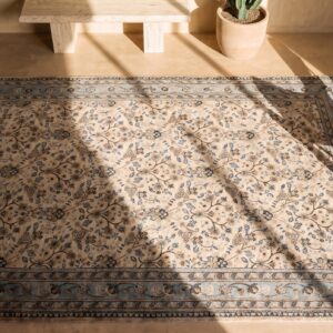 Cream and Light Sky Blue Antique Persian Khorassan Room Size Area Rug (SKU 21365) - styled overhead view