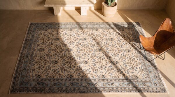 Cream and light sky blue antique persian khorassan room size area rug 2 Cream and light sky blue antique persian khorassan room size area rug (sku 21365) - styled overhead view