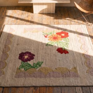 Crispy White Antique Rare Floating Floral Design Pattern American Hooked Square Rug (SKU 17191) - styled overhead view