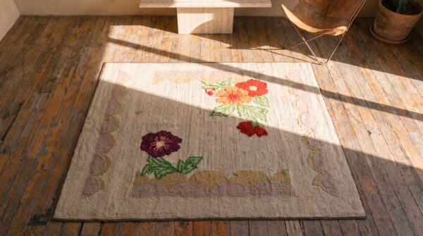 Crispy white antique rare floating floral design pattern american hooked square rug 2 Crispy white antique rare floating floral design pattern american hooked square rug (sku 17191) - styled overhead view