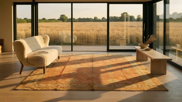 Antique decorative coral color turkish oushak room size wool rug 10 Antique decorative coral color turkish oushak room size wool rug (sku 24790) - room view