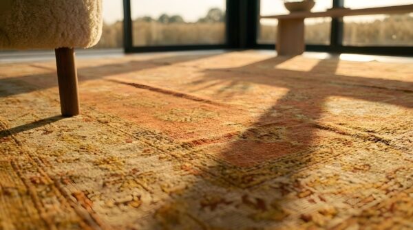 Antique decorative coral color turkish oushak room size wool rug 11 Antique decorative coral color turkish oushak room size wool rug (sku 24790) - in-room detail
