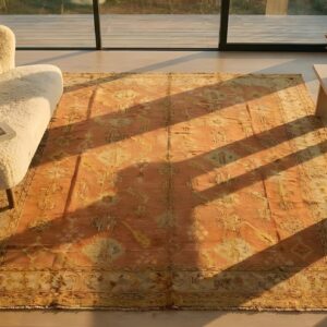 Antique Decorative Coral Color Turkish Oushak Room Size Wool Rug (SKU 24790) - styled overhead view