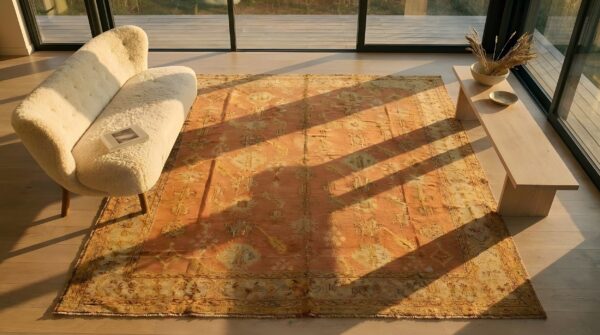 Antique decorative coral color turkish oushak room size wool rug 2 Antique decorative coral color turkish oushak room size wool rug (sku 24790) - styled overhead view