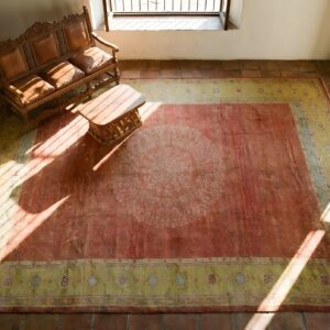 Decorative Coral Large Antique Turkish Oushak Floral Medallion Hand Knotted Pile Rug (SKU 25391) - styled overhead view