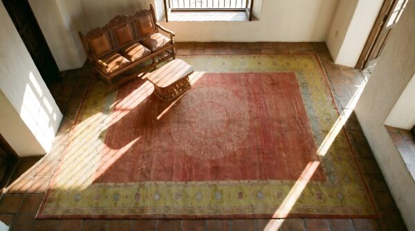 Decorative coral large antique turkish oushak floral medallion hand knotted pile rug 2 Decorative coral large antique turkish oushak floral medallion hand knotted pile rug (sku 25391) - styled overhead view