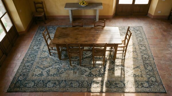 Decorative antique faded gray color room size floral persian tabriz rug 2 Decorative antique faded gray color room size floral persian tabriz rug (sku 25432) - styled overhead view