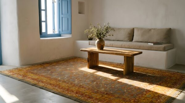 Decorative gray antique turkish room size tribal oushak area rug (sku 24794) - room view