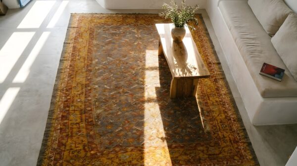 Decorative gray antique turkish room size tribal oushak area rug (sku 24794) - styled overhead view