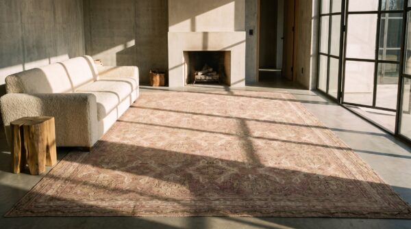 Decorative light color allover tribal pattern antique oversized turkish oushak carpet (sku 20826) - room view
