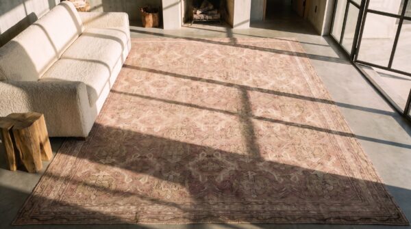 Decorative light color allover tribal pattern antique oversized turkish oushak carpet (sku 20826) - styled overhead view