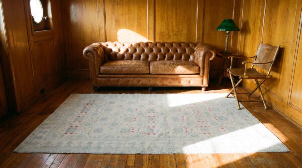 Decorative light faded ivory color antique indian tribal floral design cotton agra rug 10 Decorative light faded ivory color antique indian tribal floral design cotton agra rug (sku 20362) - room view