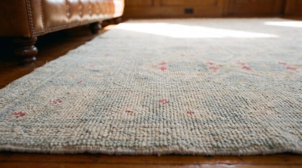 Decorative light faded ivory color antique indian tribal floral design cotton agra rug 11 Decorative light faded ivory color antique indian tribal floral design cotton agra rug (sku 20362) - in-room detail