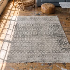 Decorative Light Gray Color Allover Geometric Pattern Antique Agra Rug (SKU 21347) - styled overhead view