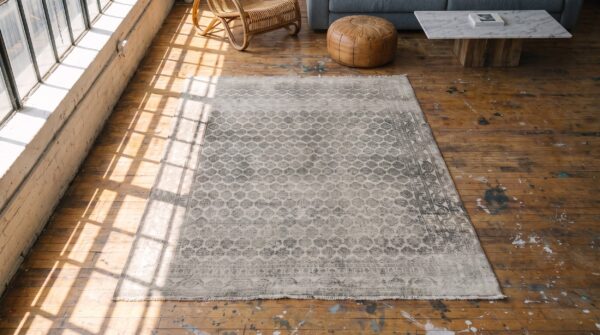 Decorative light gray color allover geometric pattern antique agra rug 2 Decorative light gray color allover geometric pattern antique agra rug (sku 21347) - styled overhead view