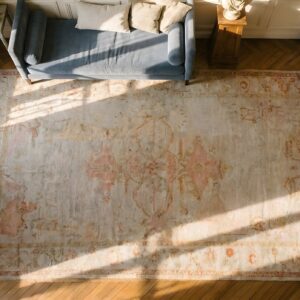Decorative Light Ivory Color Big Late 19th Century Antique Turkish Tribal Oushak Rug (SKU 25597) - styled overhead view