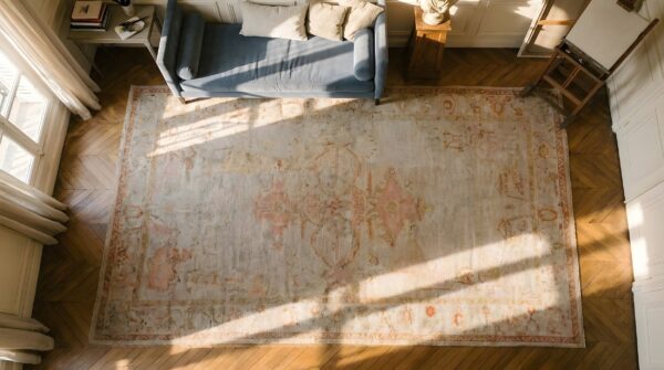 Decorative light ivory color big late 19th century antique turkish tribal oushak rug 2 Decorative light ivory color big late 19th century antique turkish tribal oushak rug (sku 25597) - styled overhead view