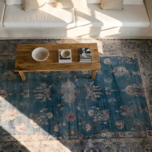 Decorative Light Neutral Color Antique Persian Room Size Kerman Rug (SKU 24738) - styled overhead view